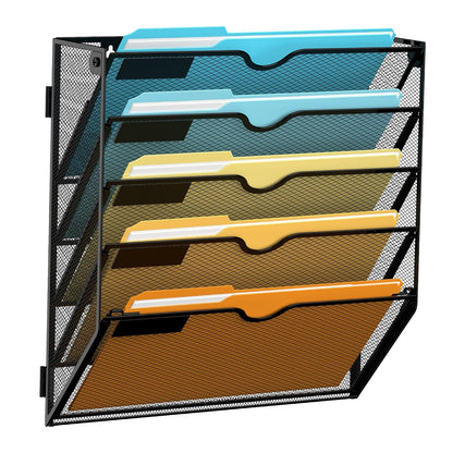 5 Tier Wall File Organizer, Hanging Wall Mounted Mail Organizer with Label Slots, Metal Mesh File Holder Magazine Rack for Office, Home, School or Classroom, Black