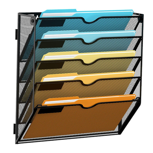 5 Tier Wall File Organizer, Hanging Wall Mounted Mail Organizer with Label Slots, Metal Mesh File Holder Magazine Rack for Office, Home, School or Classroom, Black