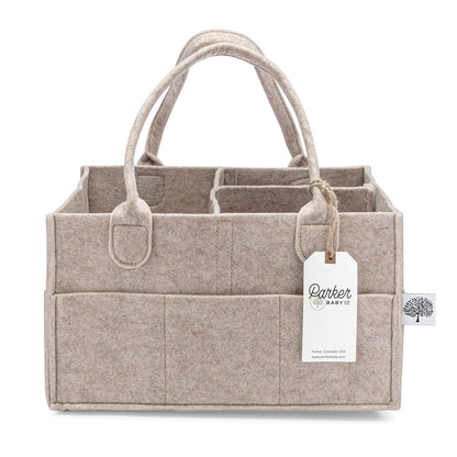 Parker Baby Co. Felt Diaper Caddy Organizer - Regular, Oatmeal | Portable nursery storage bin for diapers, wipes, bottles & baby essentials for home/car. Soft felt, foldable design 13x9x7"