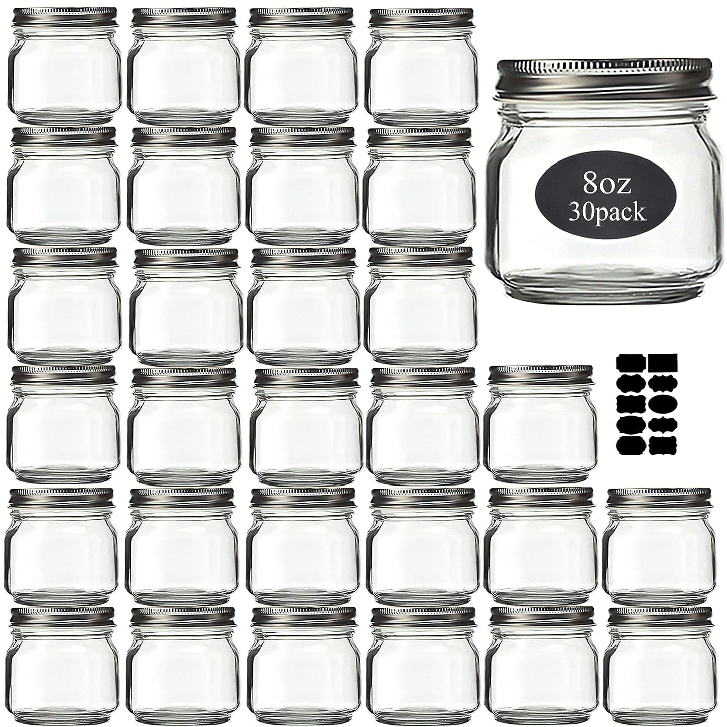 Mason Jars 8 oz 30 Pack Small Glass Caning Jars with Silver Lids