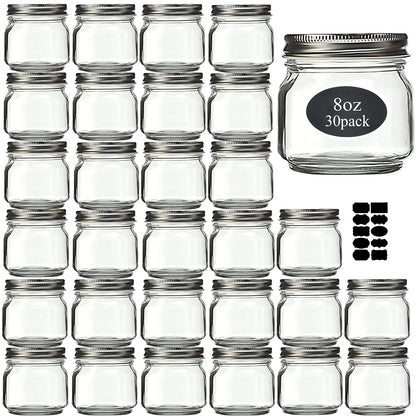Mason Jars 8 oz 30 Pack Small Glass Caning Jars with Silver Lids