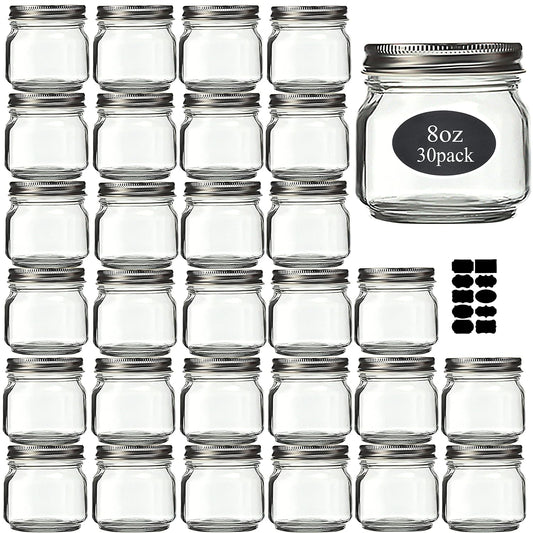Mason Jars 8 oz 30 Pack Small Glass Caning Jars with Silver Lids