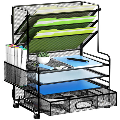 MINDEPOT 4-Tier Paper Organizer + 3-Pocket File Holder + Drawer + Pen Holders, Desktop File Organizers Paper Tray for Office Accessories School Classroom Organization (Black)