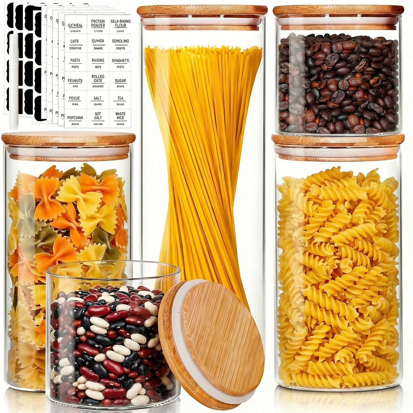 HomArtist Glass Jars with Bamboo Lids [Muti Size Set of 5], Glass Canisters with Airtight Lids, Glass Food Storage Containers for Pasta, Oats, Coffee, Flour, Sugar, Rice, Best for Kitchen & Pantry