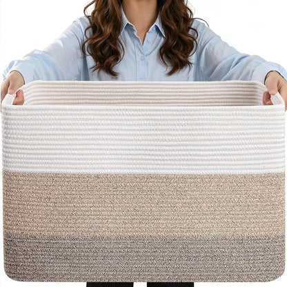 75L Large Woven Storage Basket, Cotton Rope Laundry Hamper with Handles, 22”x17”x12” Rectangle Blanket Basket for Toys, Clothes, Pillows, Nursery and Living Room, Gradient Brown/White