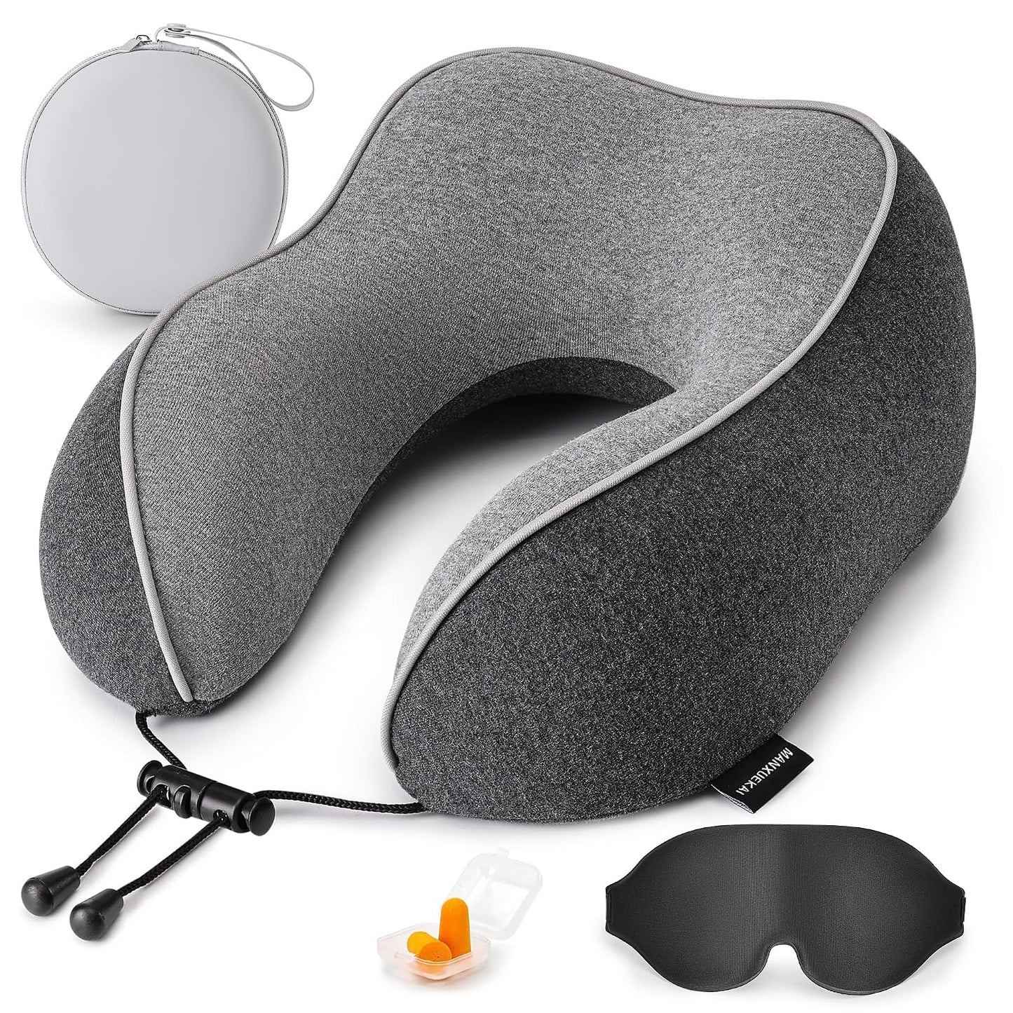 Travel Neck Pillow for Sleeping,100% Pure Memory Foam, Soft Head Support | Washable Cotton Cover,Comes with 3D Eye Mask,Earplugs,Storage Bag,Ideal Travel Gift,Relieve Neck Pressure,Dark Grey