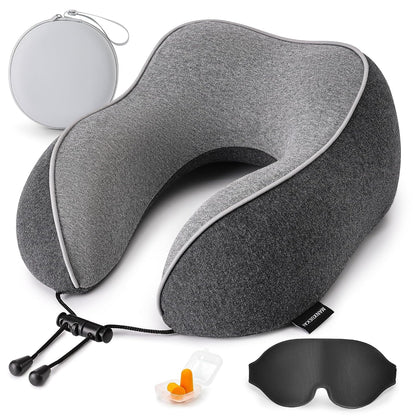 Travel Neck Pillow for Sleeping,100% Pure Memory Foam, Soft Head Support | Washable Cotton Cover,Comes with 3D Eye Mask,Earplugs,Storage Bag,Ideal Travel Gift,Relieve Neck Pressure,Dark Grey