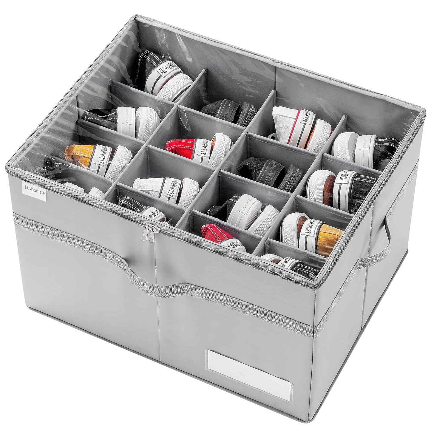 Shoe Organizer for Closet, Fits 16 Pairs, Large Shoe Box Storage Containers, Clear Foldable Shoe Storage Bins w/Bottom Support, Space Saving Shoes Holder w/Reinforced Handles, Gray