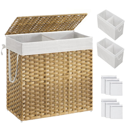 SONGMICS Laundry Hamper with Lid, 130L Wicker Laundry Basket | 6 Mesh Bags, 2 Removable Liner Bags, 13 x 26 x 23.6 Inches, Natural, ULCB253N01