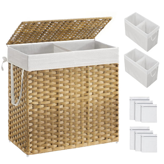 SONGMICS Laundry Hamper with Lid, 130L Wicker Laundry Basket | 6 Mesh Bags, 2 Removable Liner Bags, 13 x 26 x 23.6 Inches, Natural, ULCB253N01