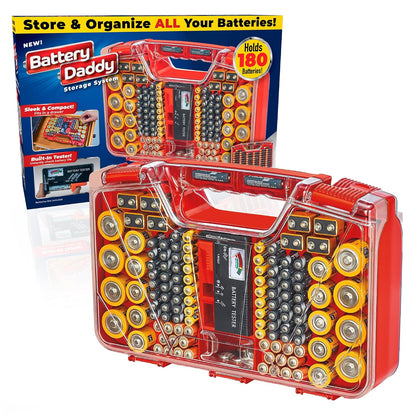 Ontel Battery Daddy Storage & Organizer Case w/Tester, Stores & Protects Up to 180 Batteries, Double-Sided, Clear Locking Lid, Secure Latches & Portable Carrying Handle - Red (Batteries Not Included)