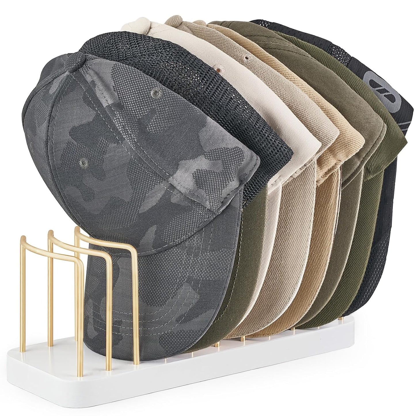 Mkono Hat Organizer for Baseball Caps, Hat Holder Storage for Closet, Gold | Hat Rack for 10 Caps, Space Saving, Easy Assembly, Sturdy Wood Base, Clear Display Stand, for Tabletop Shelf Dresser Bedroom
