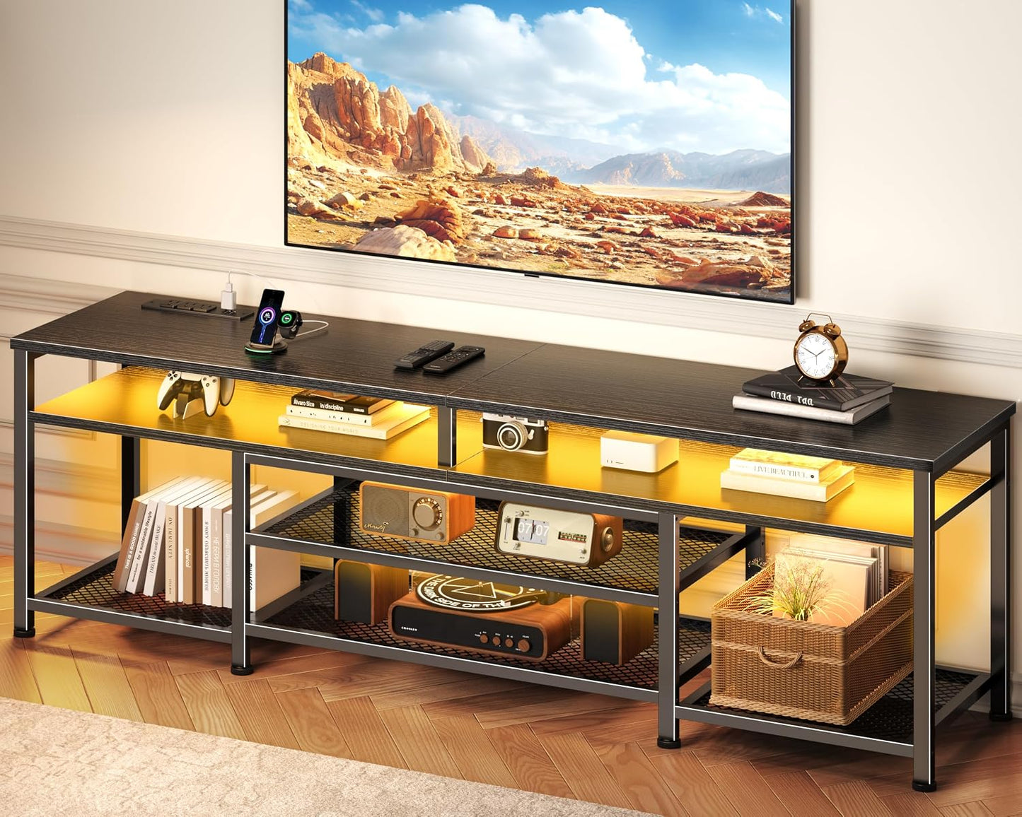 Furologee TV Stand with Power Outlets and LED Lights, 63 Inch Entertainment Center for 60 65 70 Inch TVs, Media Console Table with Open Shelves, for Bedroom, Living Room, Black