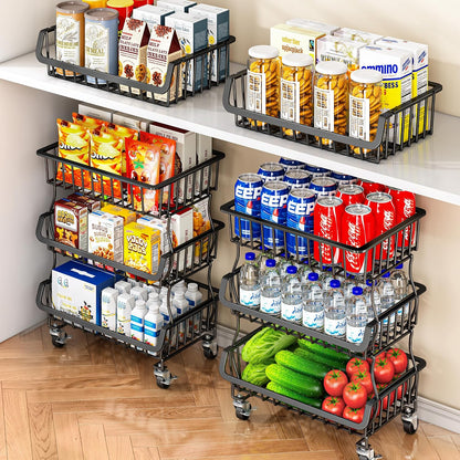 Gsiekare 3-Tier Rolling Pantry Organizer and Storage Cart with Wheels | Stackable wire pantry baskets for pantry shelves, fruit basket stand, easy to move, storage rack for food snack onion potato