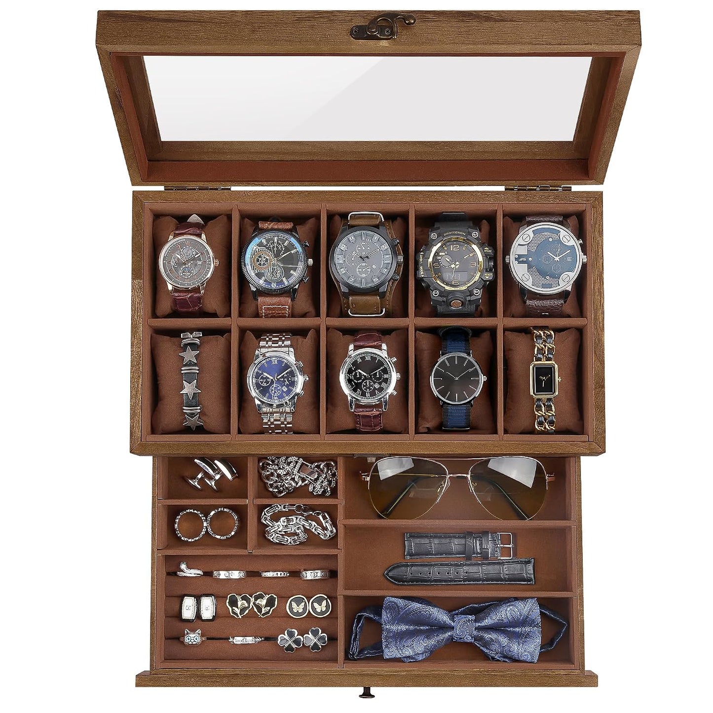 Watch Box with 10 Slots, 2-Tier Watch Case for Large Dial Watches, Watch Display Case with Lid, Removable Watch Pillows, Gifts for Men Women, Watch Organizer with Drawer, Jewelry Box, Walnut