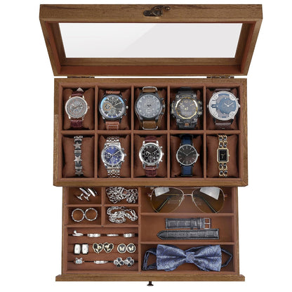 Watch Box with 10 Slots, 2-Tier Watch Case for Large Dial Watches, Watch Display Case with Lid, Removable Watch Pillows, Gifts for Men Women, Watch Organizer with Drawer, Jewelry Box, Walnut