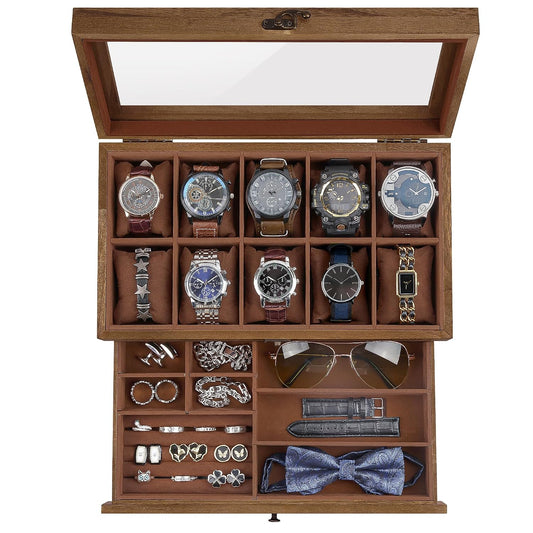 Watch Box with 10 Slots, 2-Tier Watch Case for Large Dial Watches, Watch Display Case with Lid, Removable Watch Pillows, Gifts for Men Women, Watch Organizer with Drawer, Jewelry Box, Walnut