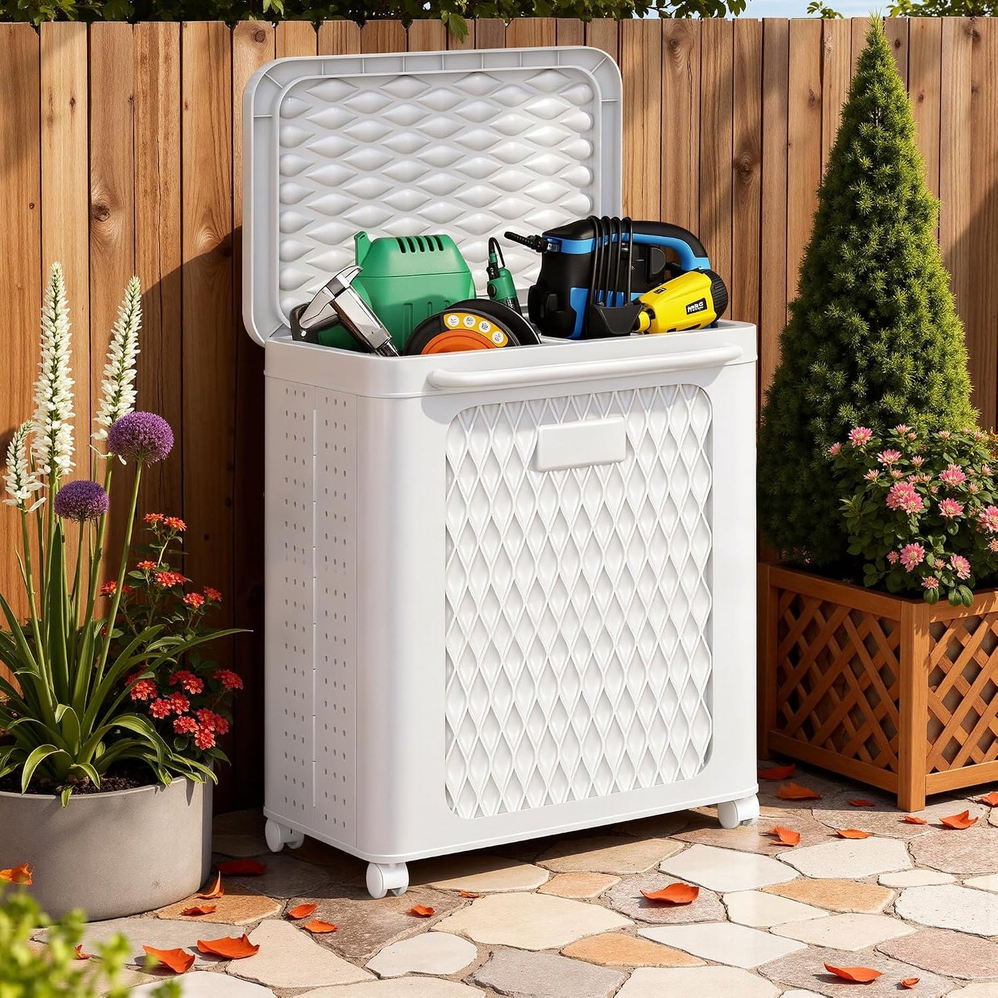VECELO Deck Box, Outdoor Storage Box with Wheels and Lid, Waterproof Storage Bin for Package Delivery for Patio Furniture, Garden Tools, Pool Supplies, Foldable, White, 19.3" x 13.8" x 25.0"