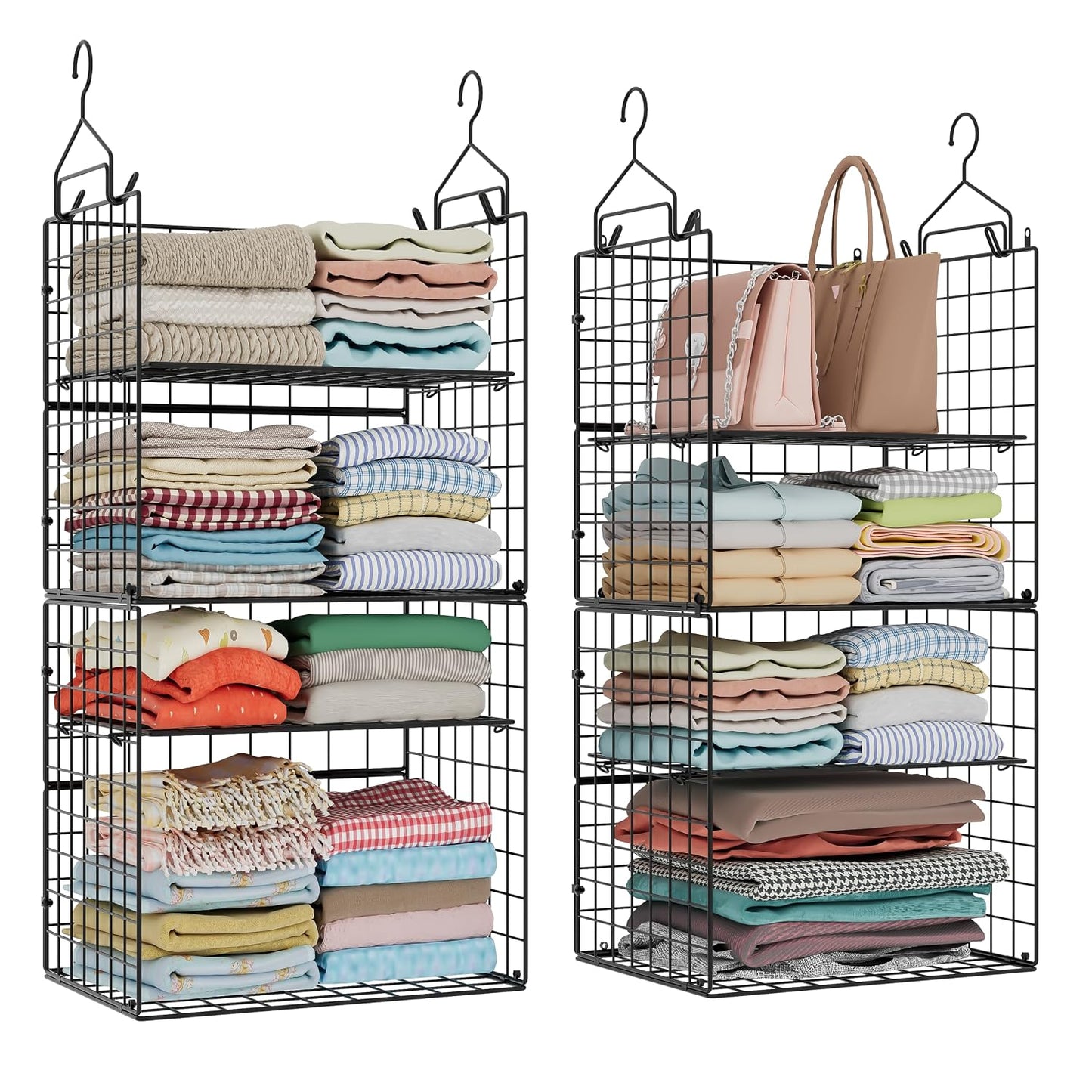 Hanging Closet Organizer and Storage - 8 Tier Closet Hanging Organizer Shelves, Metal & Foldable Hanging Storage Organizer Baskets with Adjustable Dividers for Clothing Sweaters Shoes Handbags