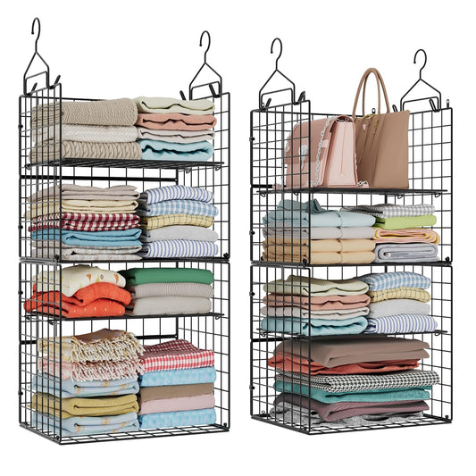 Hanging Closet Organizer and Storage - 8 Tier Closet Hanging Organizer Shelves, Metal & Foldable Hanging Storage Organizer Baskets with Adjustable Dividers for Clothing Sweaters Shoes Handbags