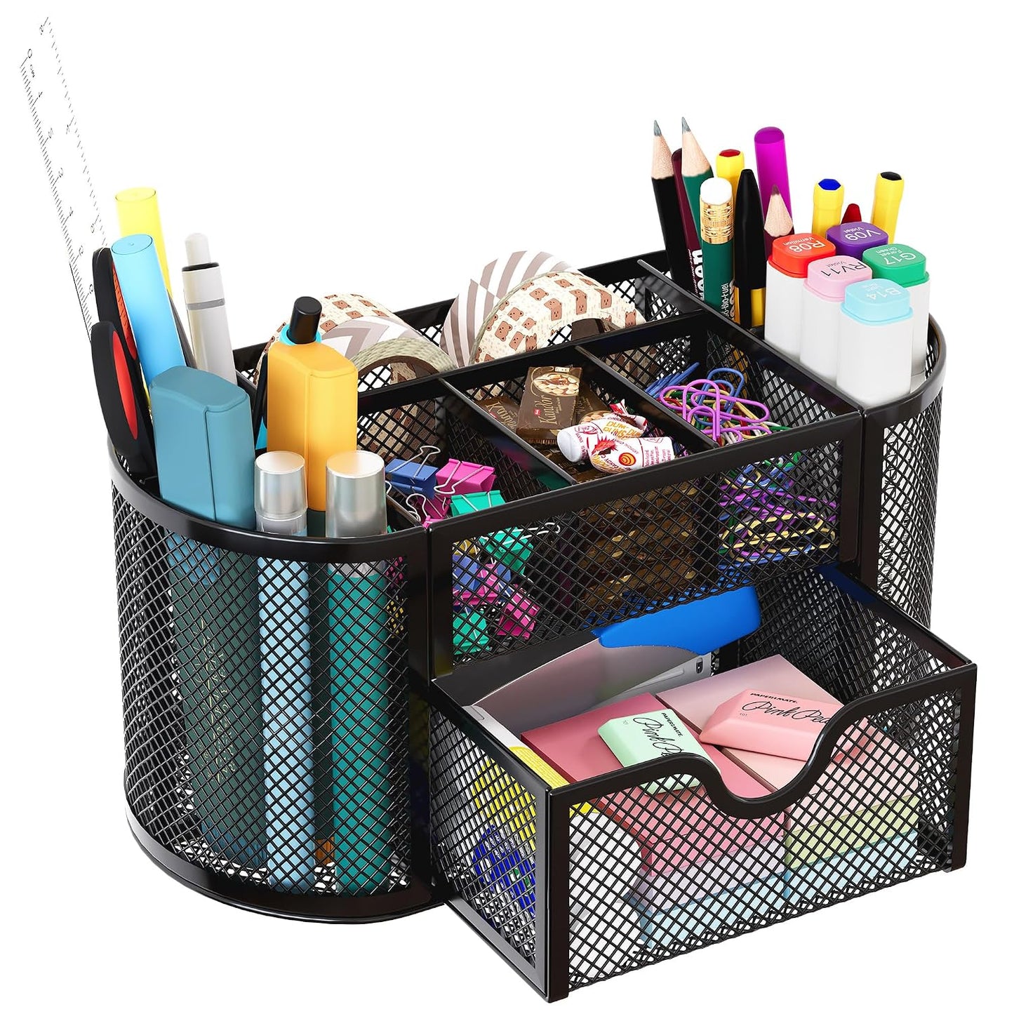 EasyPAG Mesh Pen Holder Desk Organizer with Drawer Stationery Supplies Organizer for Dorm School 9 Compartments Workspace Desk Accessories Organization for Office, Black