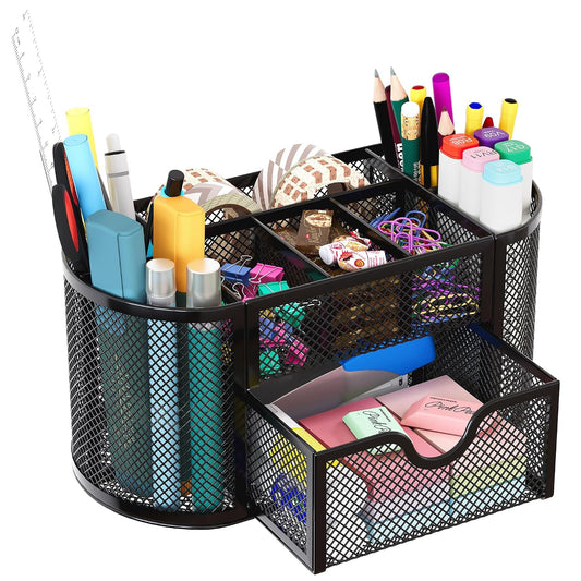 EasyPAG Mesh Pen Holder Desk Organizer with Drawer Stationery Supplies Organizer for Dorm School 9 Compartments Workspace Desk Accessories Organization for Office, Black