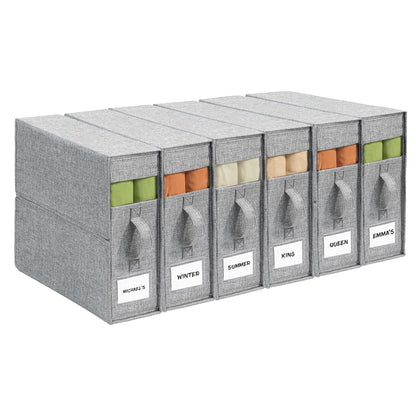 Sheet Organizers and Storage for Linen Closet, 6Pack Grey | 1200D Linen-Type Cloth, Fits King and Queen Sheet Sets, Clear Window and Label Slot, Foldable Dustproof Storage with Handle