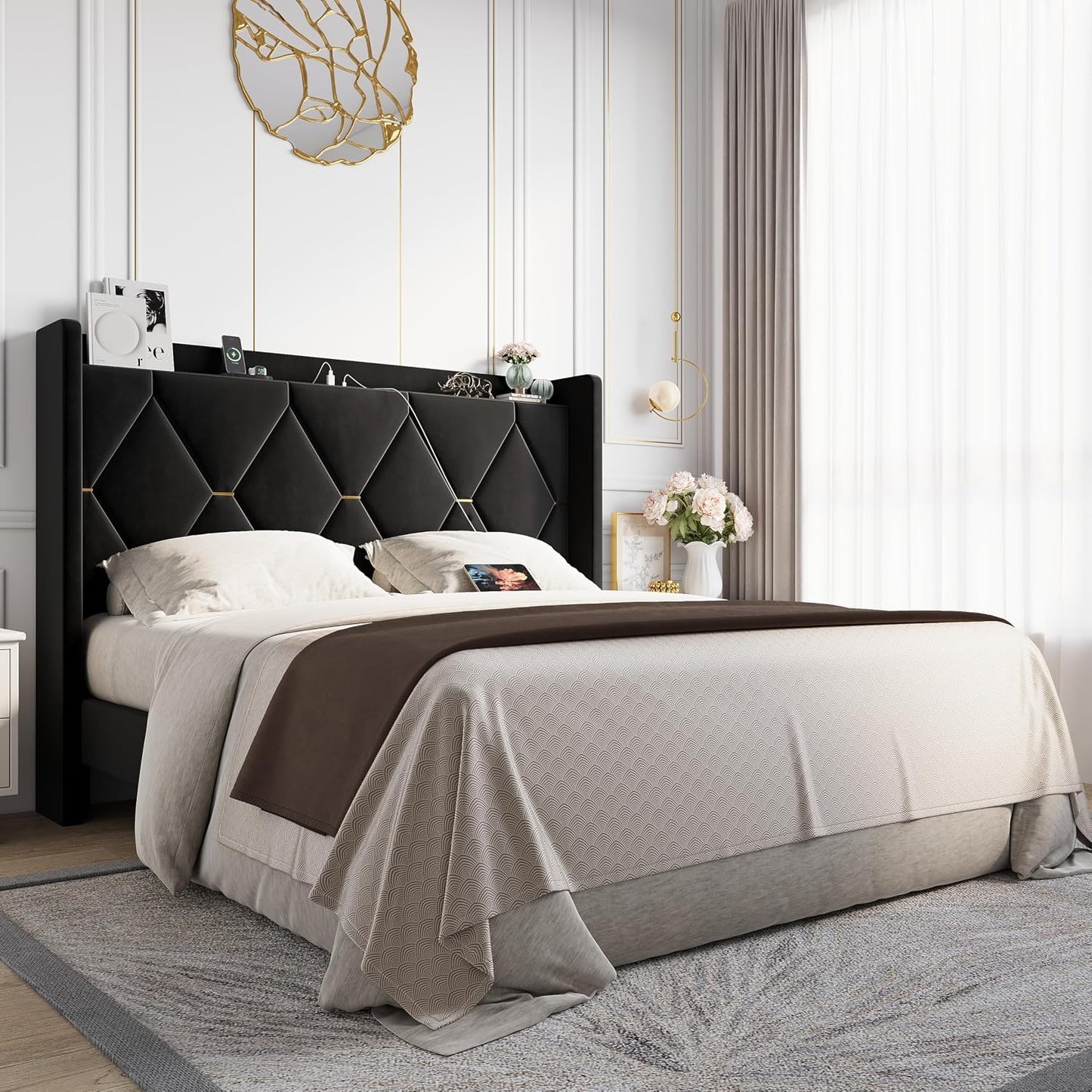 Allewie Velvet Queen Upholstered Bed Frame with Wingback Storage Headboard & Charging Station, Platform Bed with Diamond Tufted Design & Gold Trim, No Box Spring Needed, Easy Assembly, Black