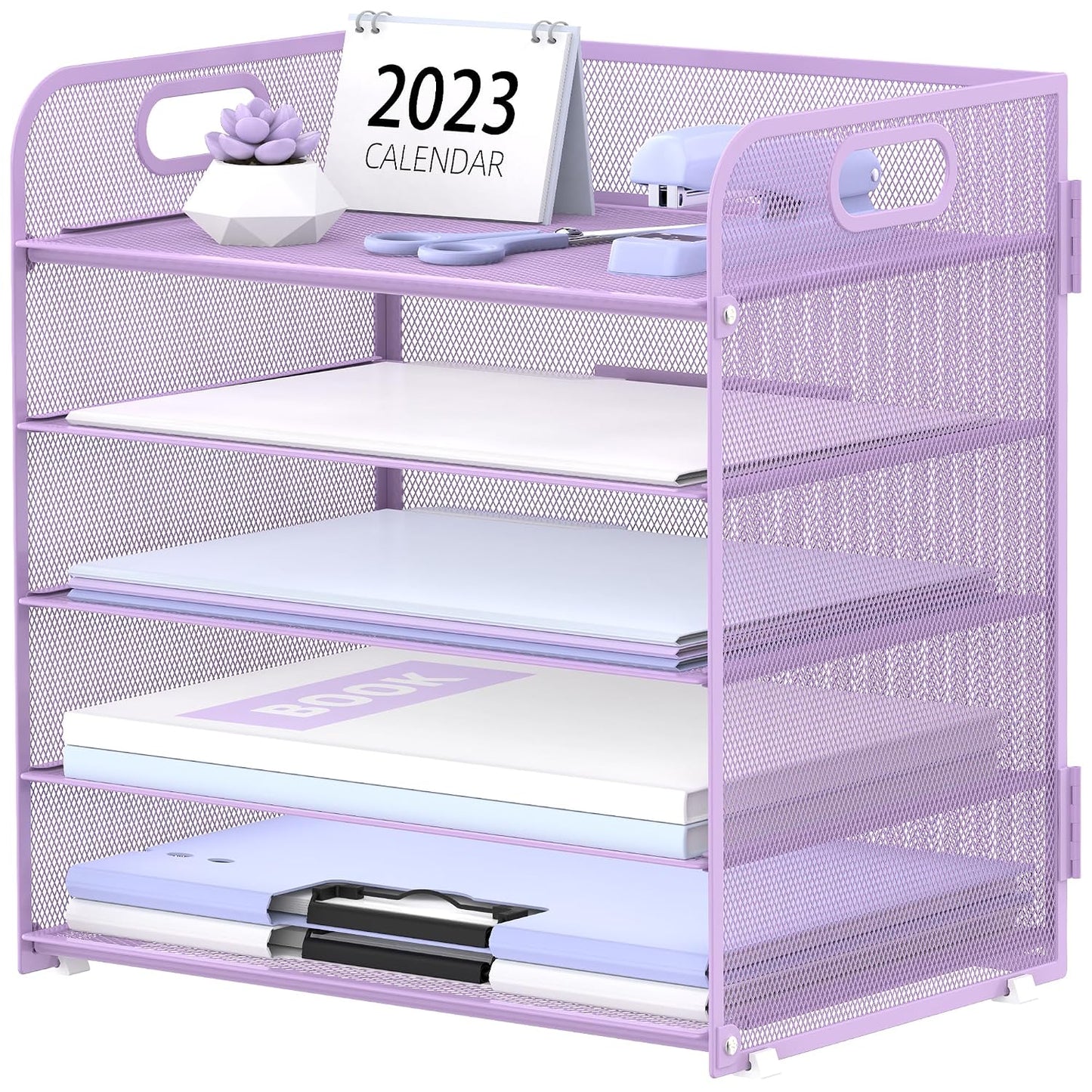 5 Trays Paper Organizer Letter Tray with Handle-Mesh Desk File Holders, Paper Sorter Desk Organizer for Office, Home, Classeoom or School, Purple