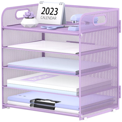 5 Trays Paper Organizer Letter Tray with Handle-Mesh Desk File Holders, Paper Sorter Desk Organizer for Office, Home, Classeoom or School, Purple