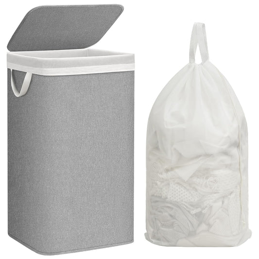 STORAGE MANIAC Metal Frame Laundry Hamper with Lid, 23.7 Gal Tall Laundry Baskets with Removeable Bag, Large Clothes Hamper with PU Tag, Laundry Bin for Dorm, Collage, Bathroom, Bedroom, Gray