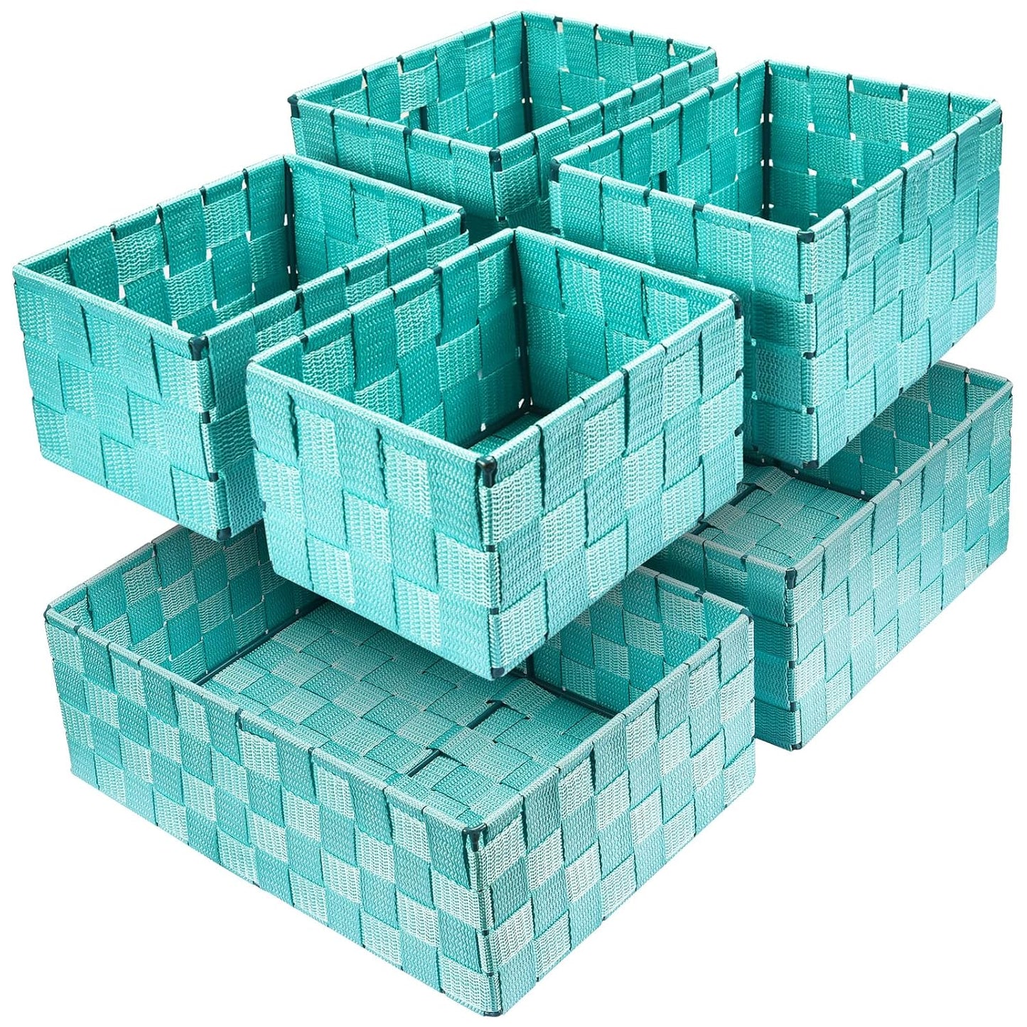 Storage Baskets with Lids: 6 Pack Stackable Woven Storage Bins, Aqua | Decorative Woven Baskets for Organizing with Built-In Handles for Shelves, Closets, Cabinets and Cubbies, Gift Small Basket
