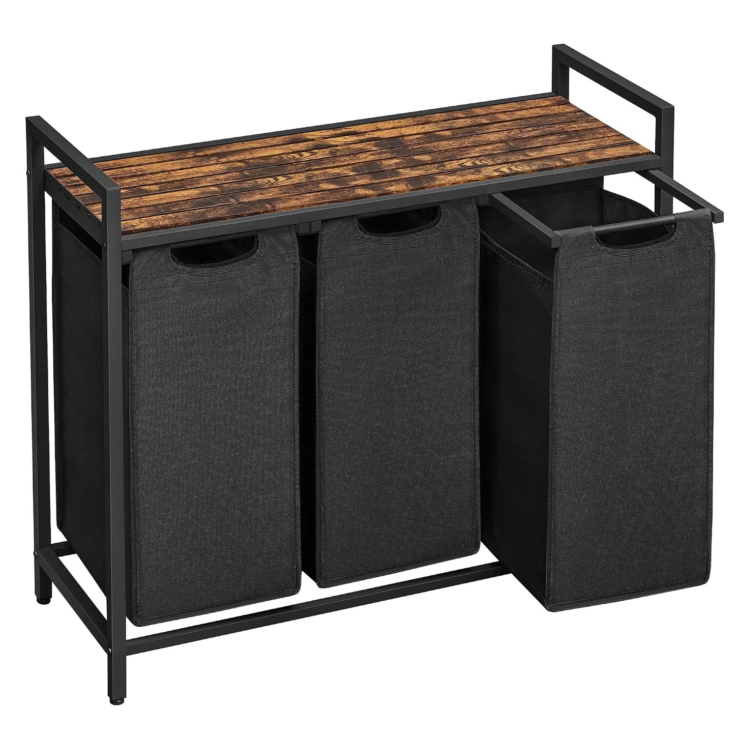 VASAGLE Laundry Hamper, Laundry Basket, Laundry Sorter with 3 Pull-Out and Removable Bags, Shelf, Metal Frame, 3 x 10.6 Gallons (40 L), 36.4 x 13 x 28.4 Inches, Ink Black and Rustic Brown UBLH301B01