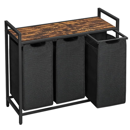 VASAGLE Laundry Hamper, Laundry Basket, Laundry Sorter with 3 Pull-Out and Removable Bags, Shelf, Metal Frame, 3 x 10.6 Gallons (40 L), 36.4 x 13 x 28.4 Inches, Ink Black and Rustic Brown UBLH301B01