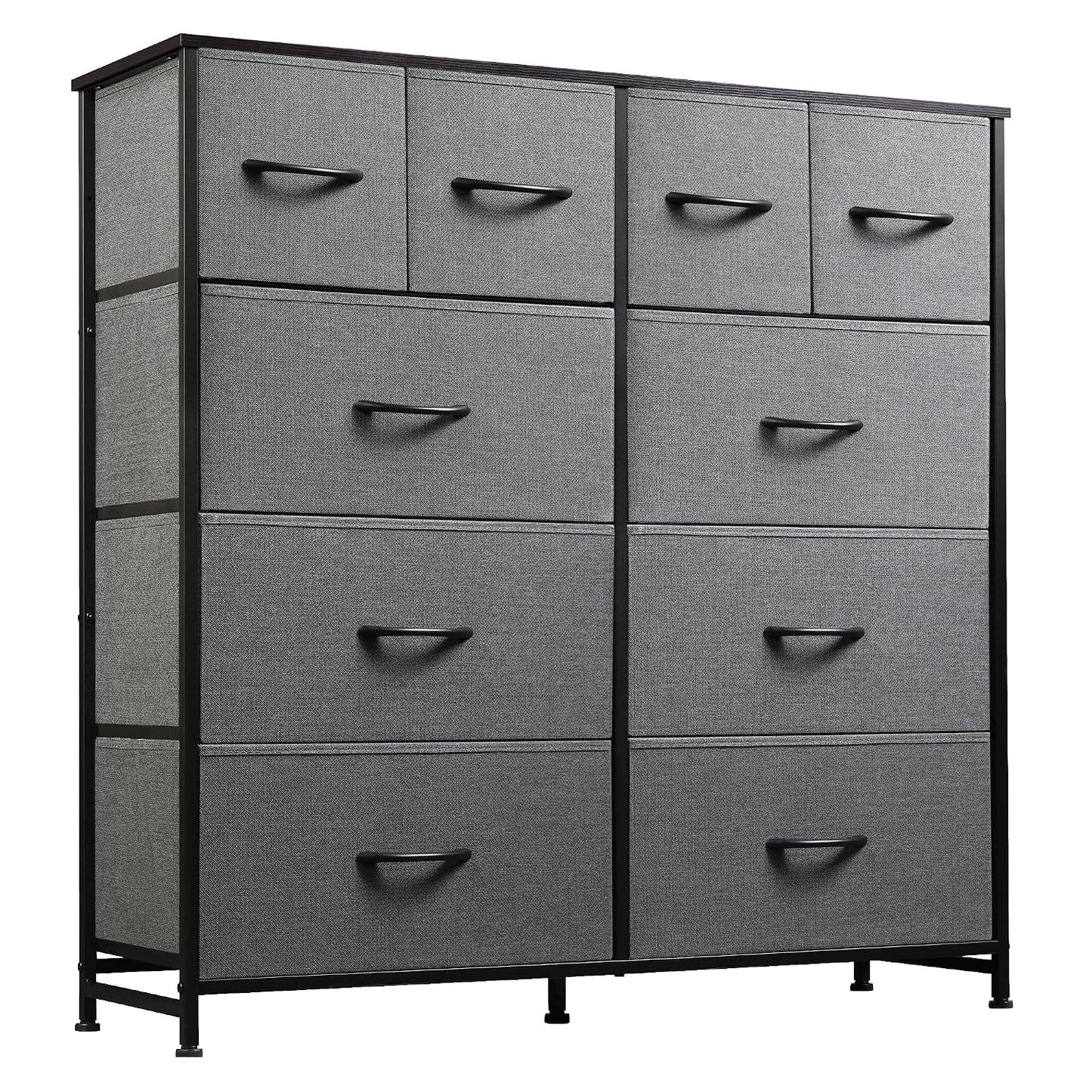 WLIVE 10 Drawer Fabric Dresser Bedroom Tall Storage Tower, Dark Grey | 10-drawer fabric storage tower with wood top, thickened steel frame, perfect for bedroom closet living room organization