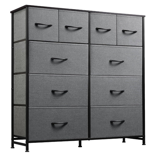 WLIVE 10 Drawer Fabric Dresser Bedroom Tall Storage Tower, Dark Grey | 10-drawer fabric storage tower with wood top, thickened steel frame, perfect for bedroom closet living room organization