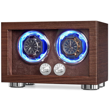 ANWBROAD Double Automatic Watch Winder, Watch Winder for Automatic Watches | 4 Modes, LED Light, Rotating Watch Box with Super Quiet Motor with Type-C Adapter, Dual Watch Winder Box (Brown), UJWW004M