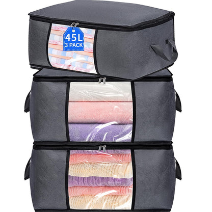 3 Pack Storage Bags, 45L Foldable Clothes Storage Bins with Lids, Closet Organizers Blanket Storage Bags with Zippers Clear Window Sturdy Handles for Clothing Bedding Comforter Sweater Pillows (Gray)