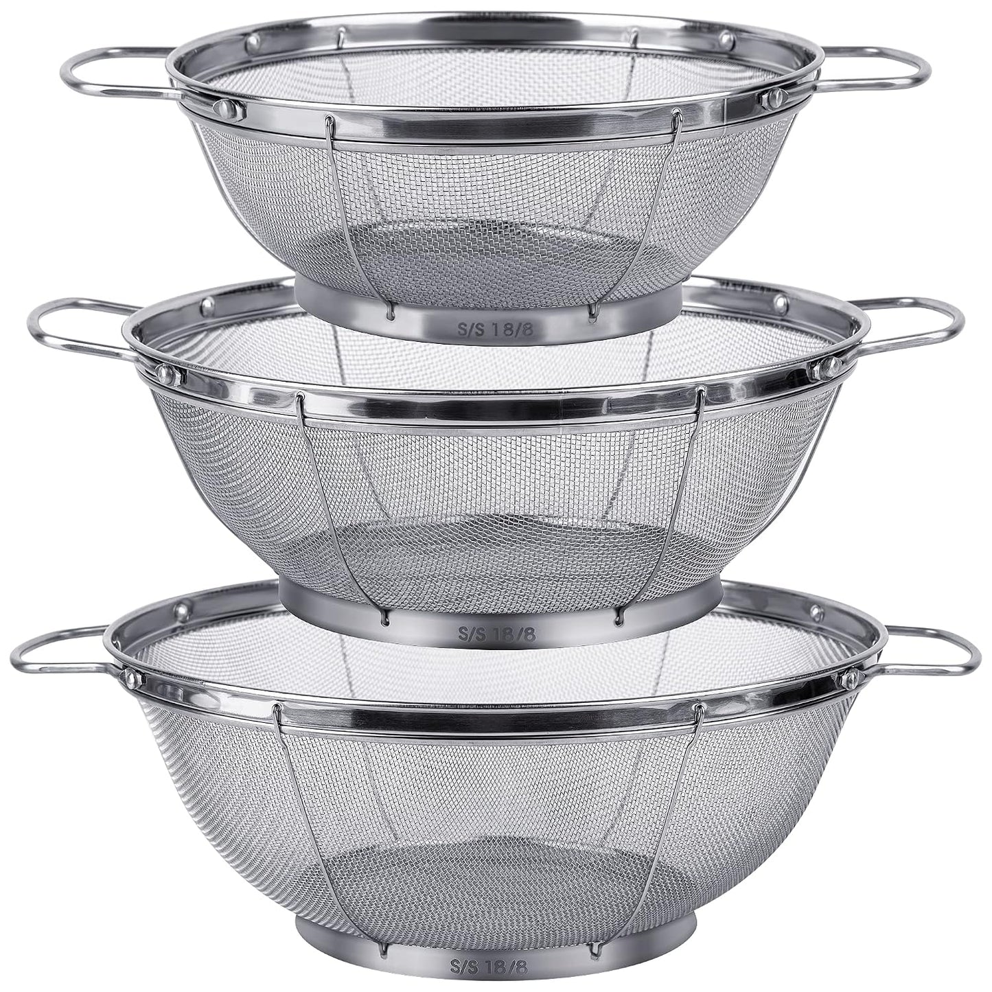 3 Pack 18/8 Stainless Steel Colander Sieves(5-Quart, 4-Quart and 3-Quart), Mesh Strainer Net Baskets with Handles & Resting Base for Strain, Drain, Rinse or Steam