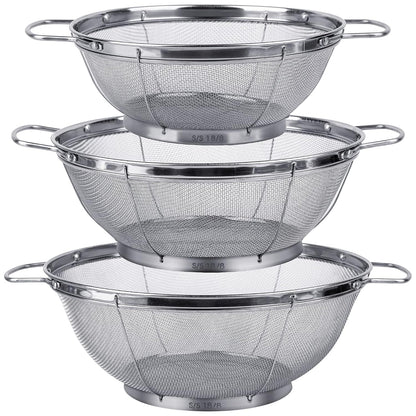 3 Pack 18/8 Stainless Steel Colander Sieves(5-Quart, 4-Quart and 3-Quart), Mesh Strainer Net Baskets with Handles & Resting Base for Strain, Drain, Rinse or Steam