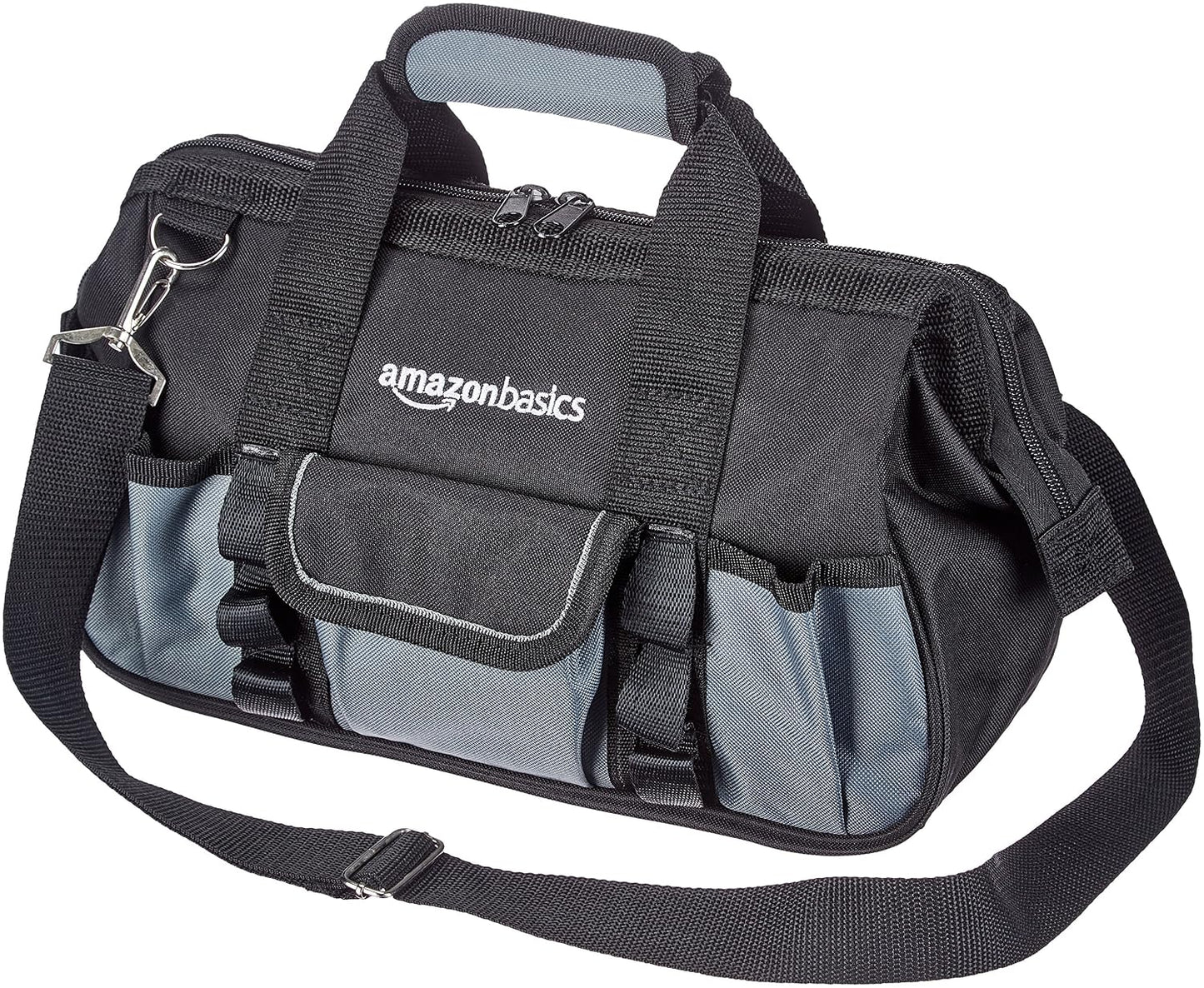 Amazon Basics Durable Wear-Resistant Tool Storage Bag with Adjustable Shoulder Strap, Portable Tool Organizer, 16 Pockets, 12 in, Black & Gray