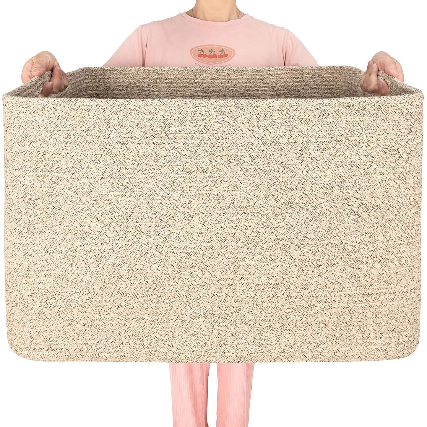 112L Extra Large Blanket Basket Holder Living Room, 25"x17"x16" Rectangle Rope Woven Storage Basket with Handles for Laundry, Towels, Shoes, Dog Toy Organizer Bin Box, Oatmeal Brown