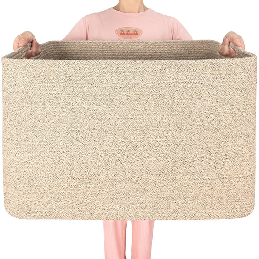 112L Extra Large Blanket Basket Holder Living Room, 25"x17"x16" Rectangle Rope Woven Storage Basket with Handles for Laundry, Towels, Shoes, Dog Toy Organizer Bin Box, Oatmeal Brown