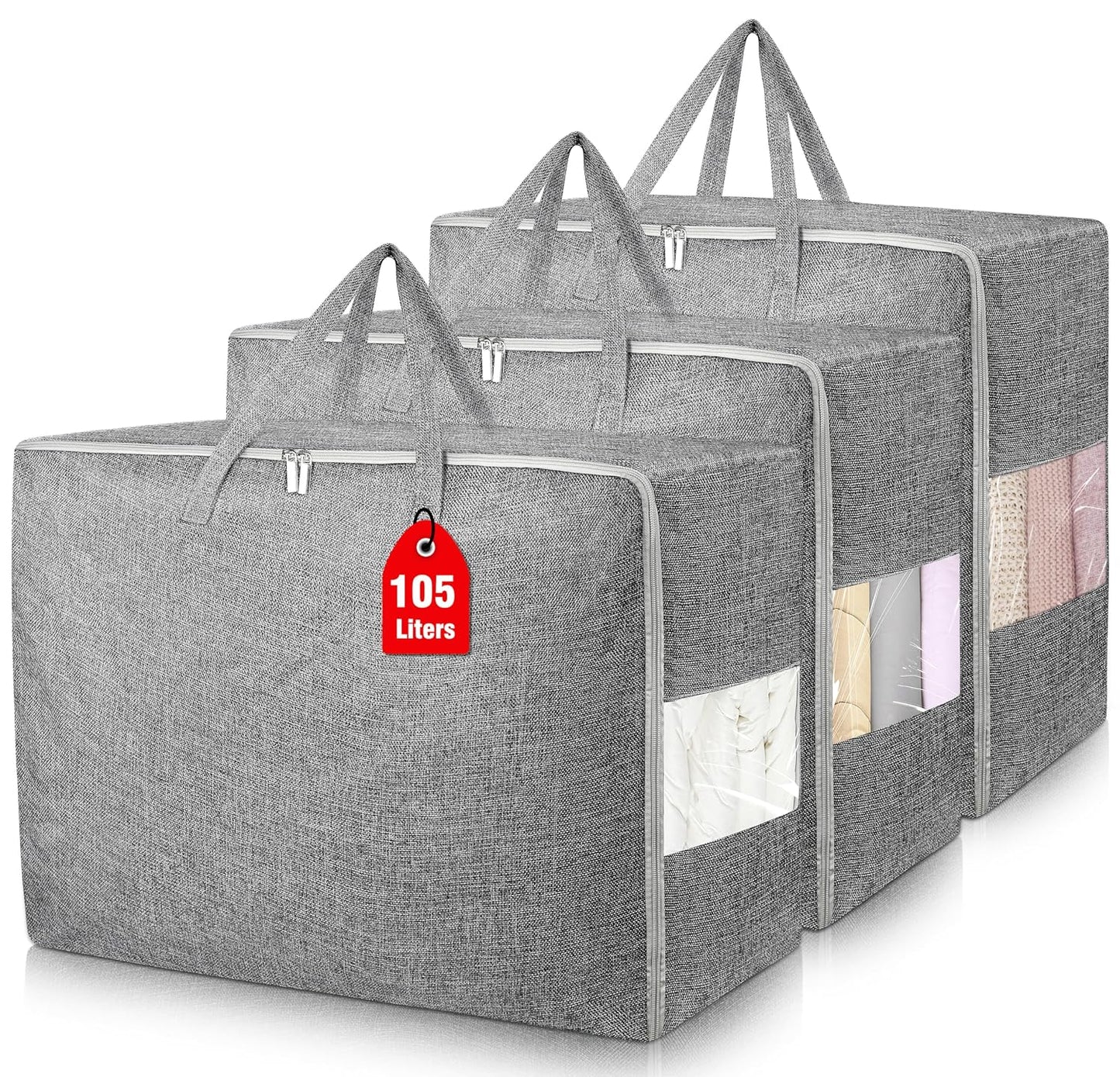 105L Extra Large Storage Bags, Folding Moving Comforter Blanket Storage Bags Closet Organizers and Storage Containers for Clothes with Strong Handles&Zippers Clear Window for Bedding Pillow Grey 3Pack