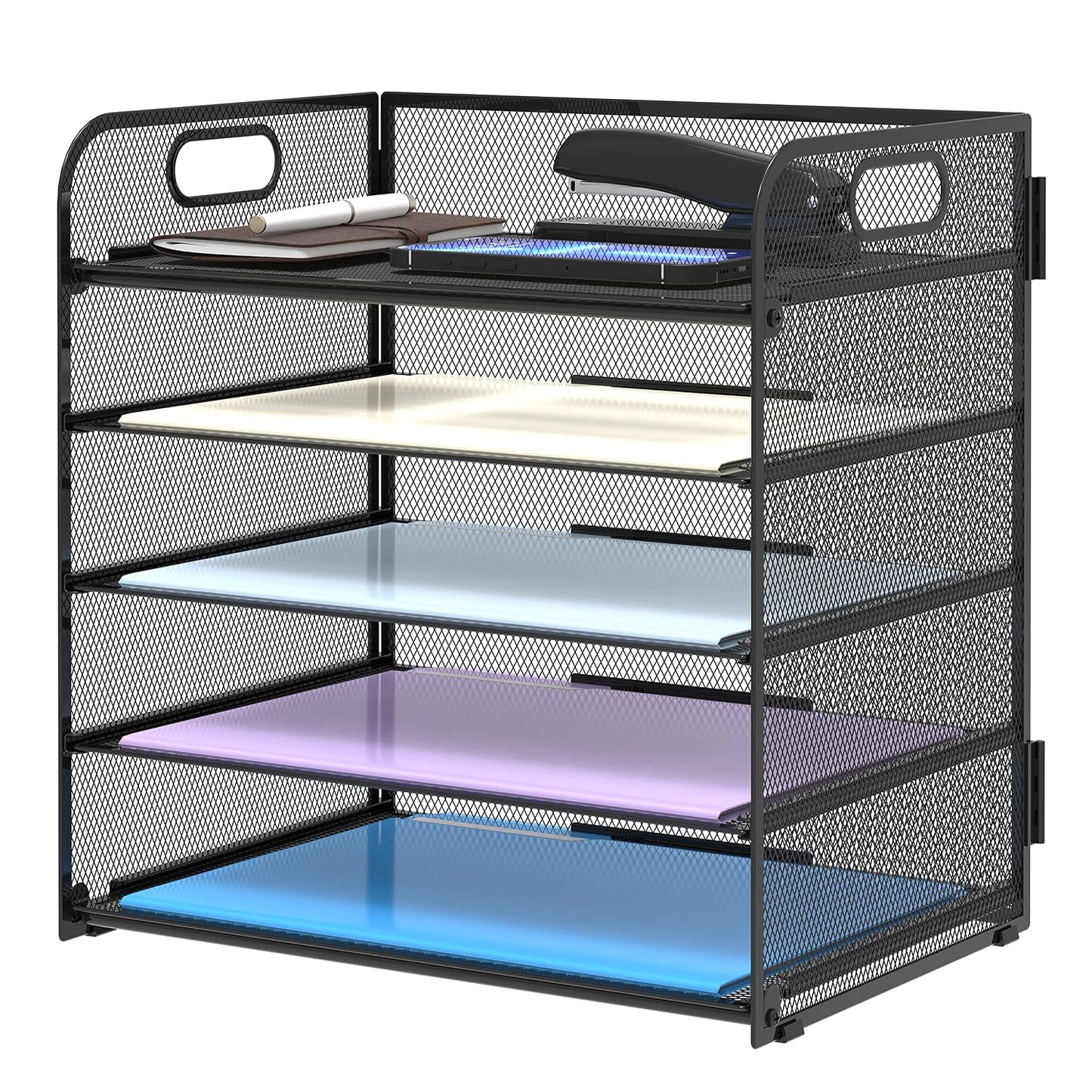5 Trays Paper Organizer Letter Tray with Handle-Mesh Desk File Holders, Paper Sorter Desk Organizer for Office, Home, Classroom or School