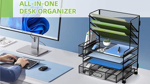 MINDEPOT 4-Tier Paper Organizer + 3-Pocket File Holder + Drawer + Pen Holders, Desktop File Organizers Paper Tray for Office Accessories School Classroom Organization (Black)