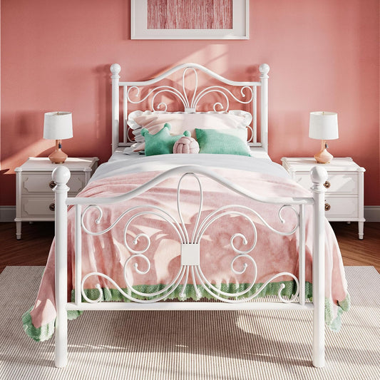 Twin Size Metal Bed Frame with Butterfly Headboard... (White | Iron)