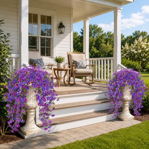 Artificial Hanging Flowers for Outdoors UV Resistant Fake Hanging Plants for Spring Decoration (Lavender / Deep Purple)