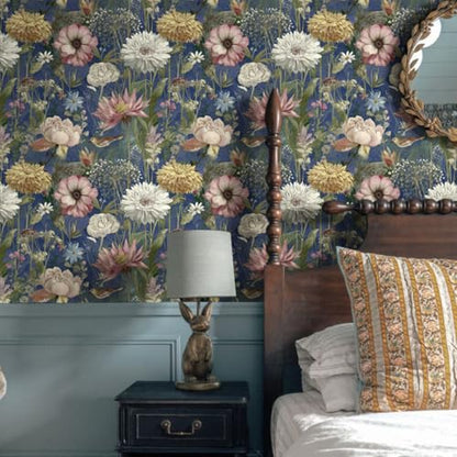 Vintage Floral Wallpaper Peel and Stick Dark Blue Floral Peel and Stick Wallpaper Boho Flower Leaf Contact Paper Bird Self