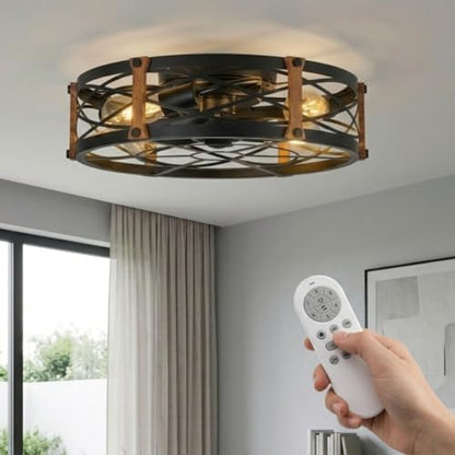 20" Black Farmhouse Caged Ceiling Fan with Light & Remote